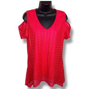 Large Shannon Ford New York Fuchsia Pink Lace Blouse Top Cutout Sleeve Accent